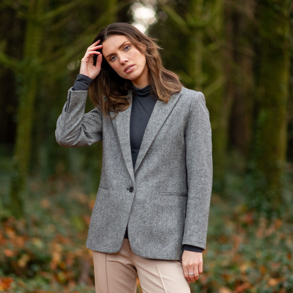 Grey Herringbone Ladies Tweed Cara Blazer Jacket