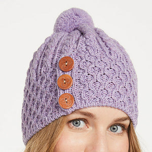 Aran Hat with buttons, Lilac