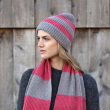 Load image into Gallery viewer, Pink and Grey Stripe Knitted Scarf
