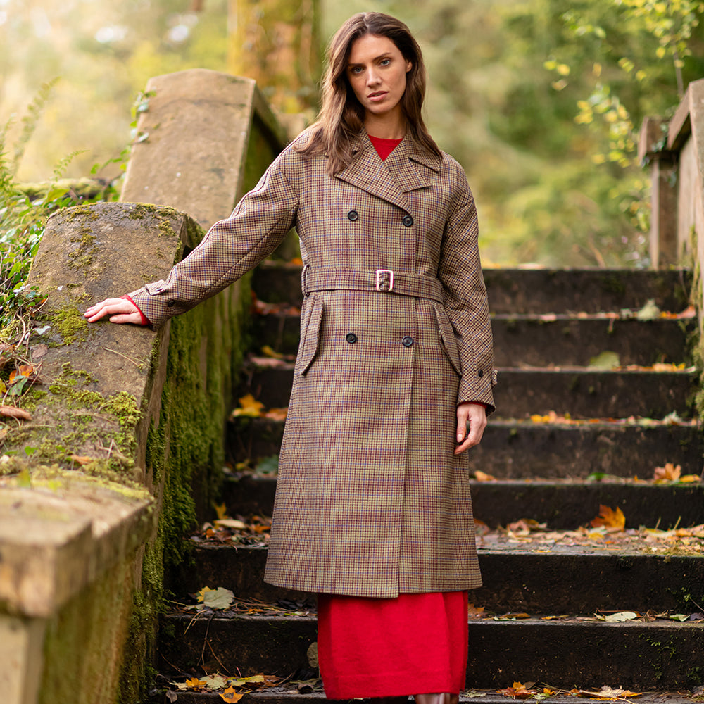 Brown Houndstooth Faye Double Breasted Mac Coat