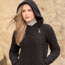 Load image into Gallery viewer, Black Aran Cardigan with Hood
