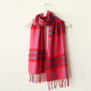 Pink and Red Check Merino Wool Scarf
