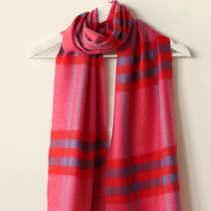 Pink and Red Check Merino Wool Scarf