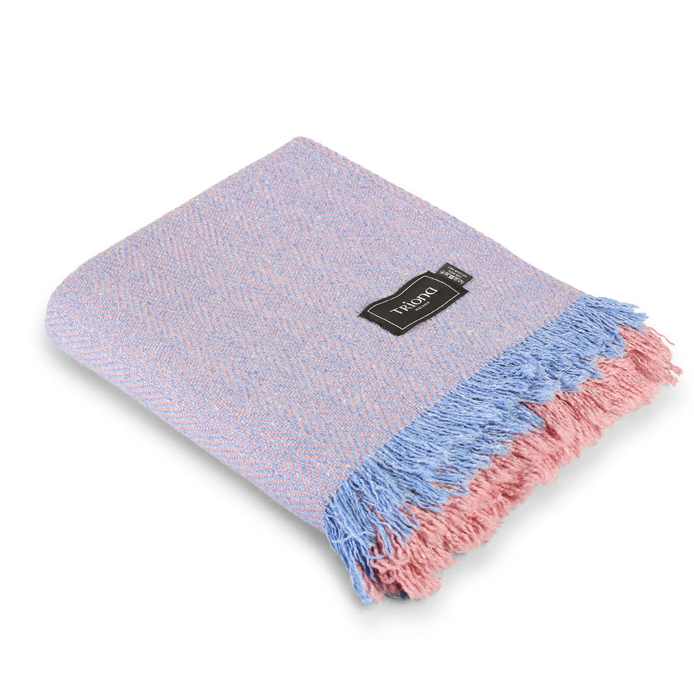 Pink Blue Herringbone Donegal Tweed Blanket