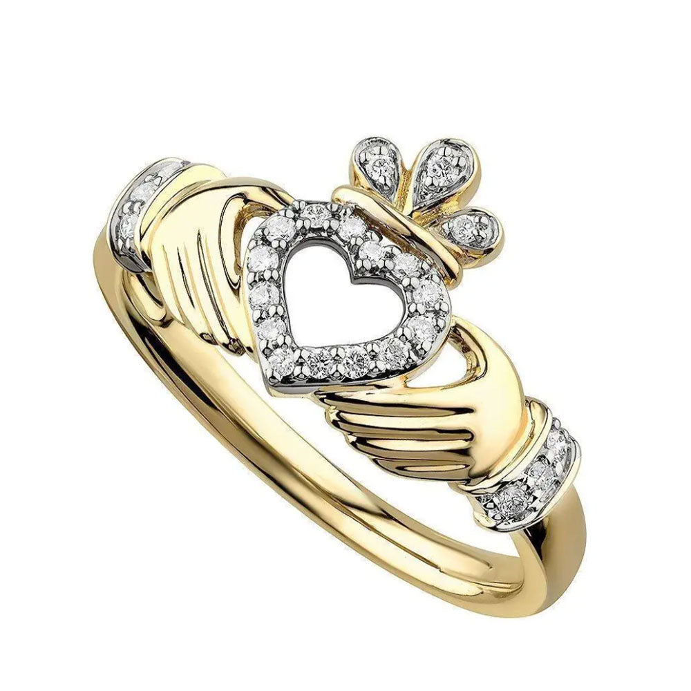 14ct Gold Diamond Open Heart Claddagh Ring