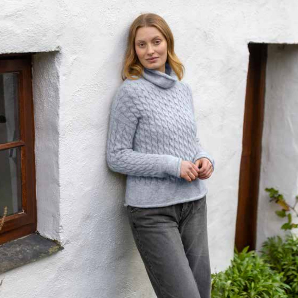 Triona | Forget Me Not, Cable Funnel Neck Sweater – Triona Design