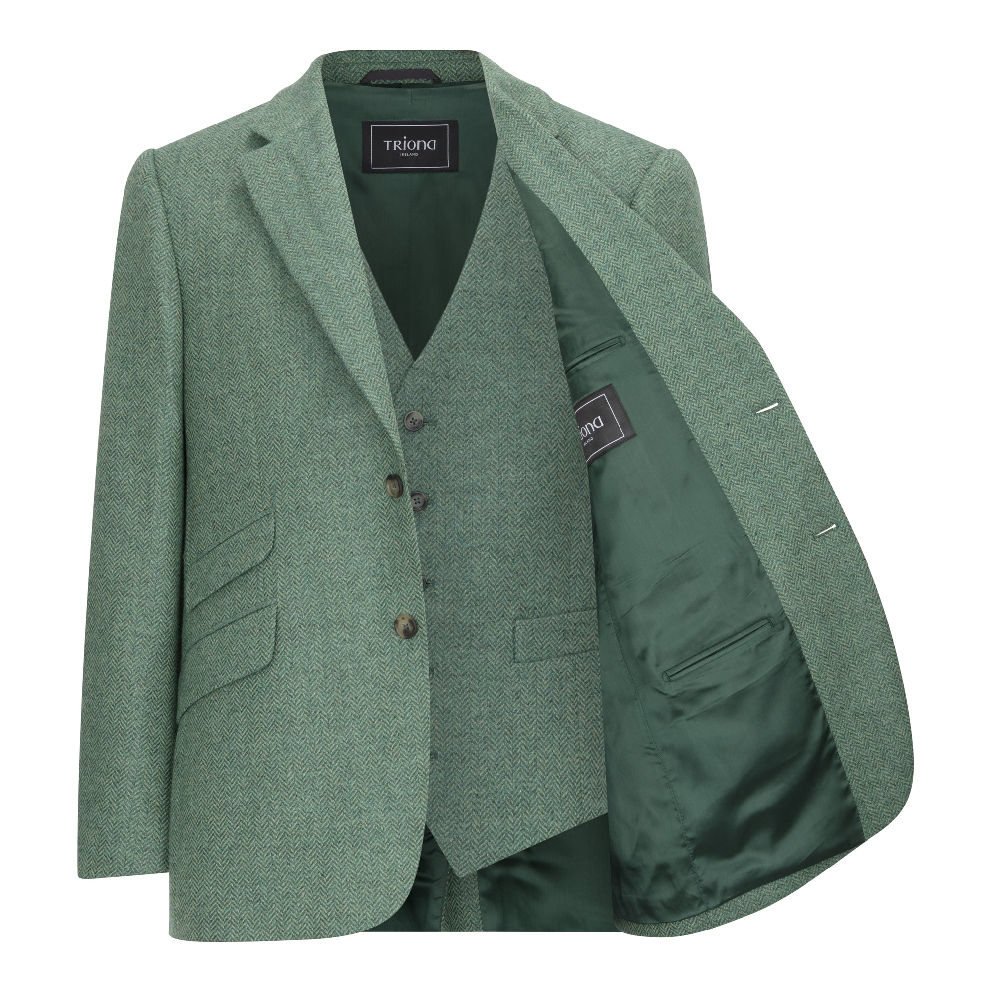 Triona Mens Irish Tweed Jacket, Green Herringbone – Triona Design