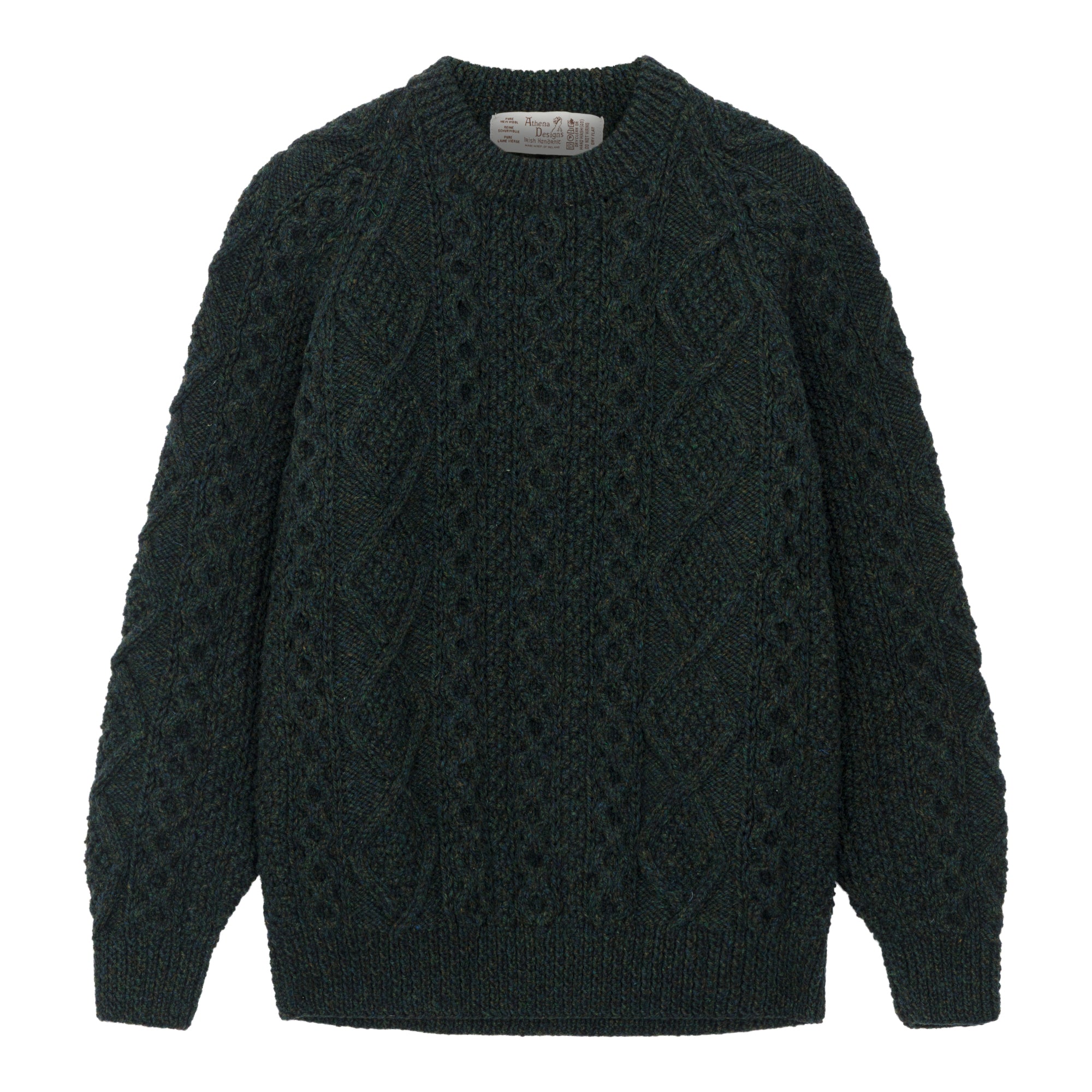 Triona Forest Green Unisex Hand Knit Crew Neck Aran Sweater