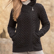 Load image into Gallery viewer, Black Aran Cardigan with Hood

