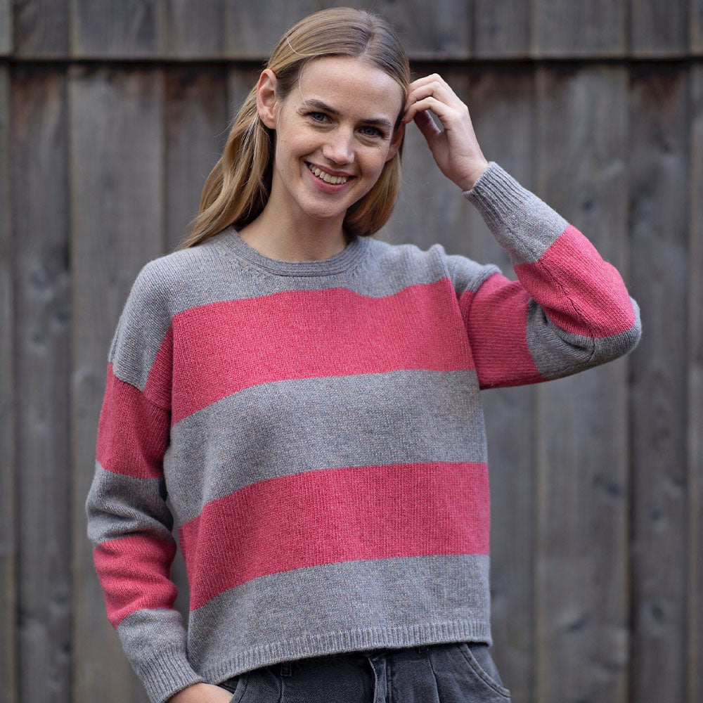 Pink and Grey Stripe Crew Neck Sweater