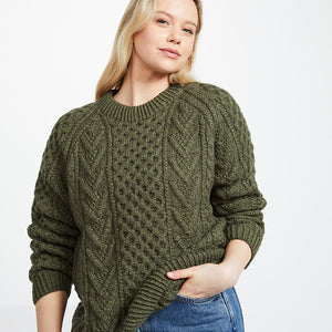 Green Hand Knit Unisex Crew Neck Aran Sweater