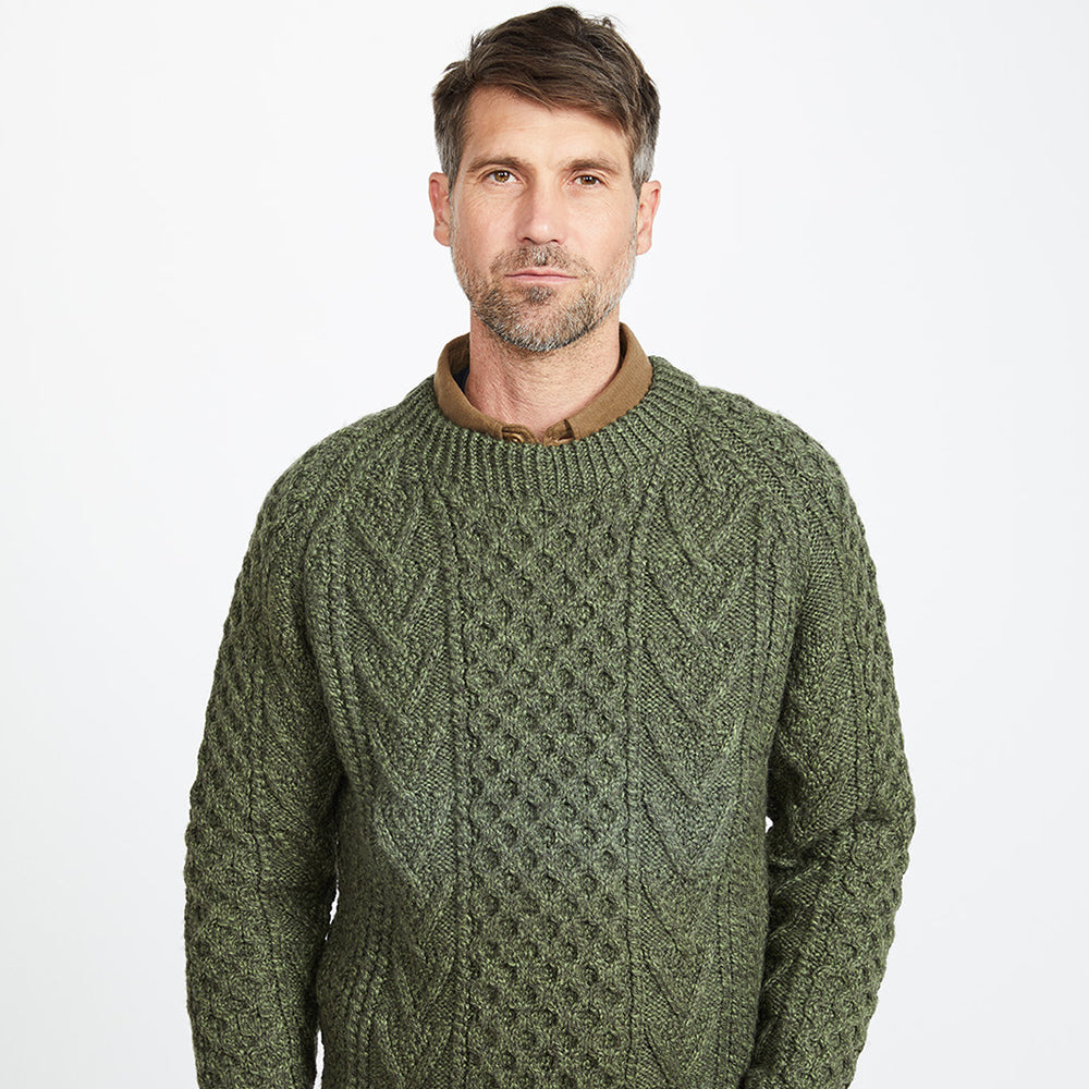 Green Unisex Hand Knit Crew Neck Aran Sweater