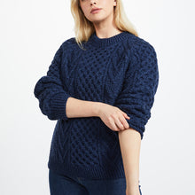 Load image into Gallery viewer, Navy Hand Knit Unisex Crew Neck Aran Sweater
