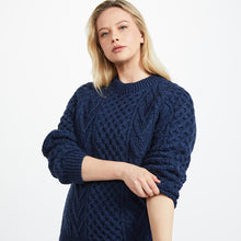 Load image into Gallery viewer, Navy Hand Knit Unisex Crew Neck Aran Sweater
