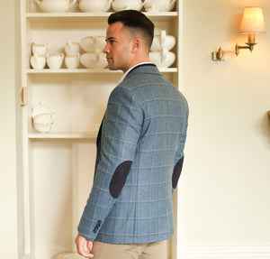 Jacket with Elbow Patches, Blue and Grey Windowpane