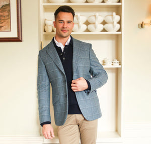 Jacket with Elbow Patches, Blue and Grey Windowpane