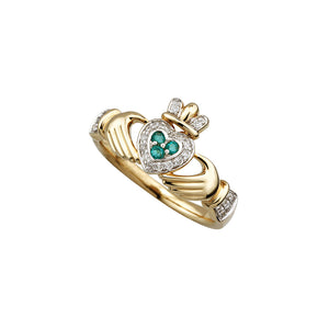 14k Gold Diamond & Emerald Set Claddagh Ring