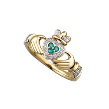 Load image into Gallery viewer, 14k Gold Diamond &amp; Emerald Set Claddagh Ring
