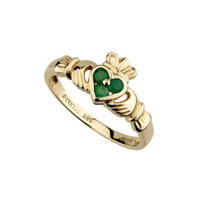Load image into Gallery viewer, Emerald Heart Claddagh Ring, Yellow Gold
