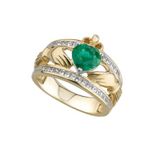 Load image into Gallery viewer, 14k Gold Emerald &amp; Diamond Claddagh Ring

