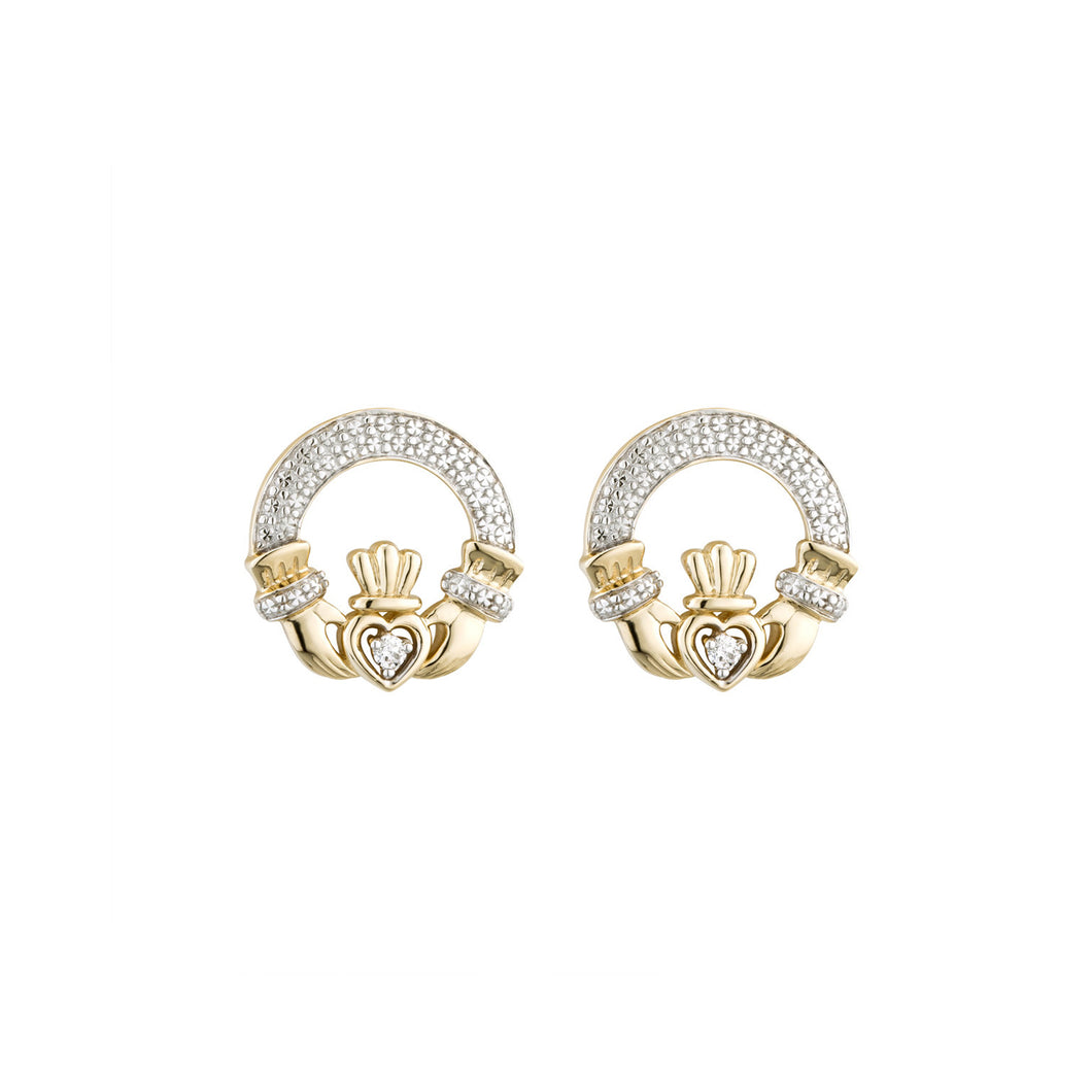 Claddagh Stud Earrings with Diamonds, Yellow Gold