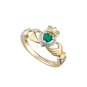 14k Gold Emerald & Diamond Claddagh Ring