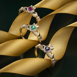 14k Gold Emerald & Diamond Claddagh Ring