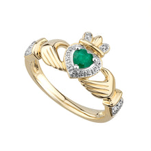 Load image into Gallery viewer, 14k Gold Emerald &amp; Diamond Claddagh Ring
