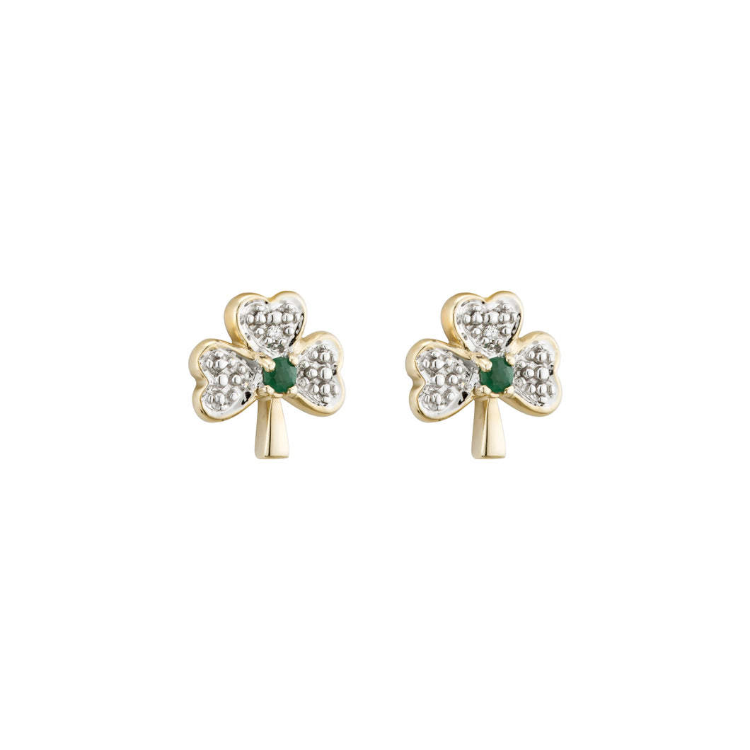 Small Shamrock Earrings with Diamond & Emerald, Yellow Gold