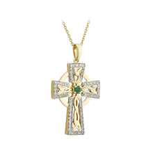 Load image into Gallery viewer, 14K Gold Diamond &amp; Emerald Cross Pendant
