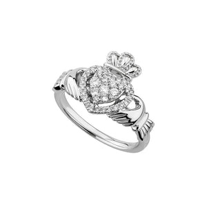 14k White Gold Diamond Heart Claddagh Ring