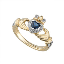 Load image into Gallery viewer, 14ct Gold Sapphire &amp; Diamond Claddagh Ring
