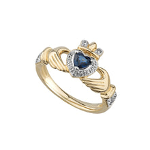 Load image into Gallery viewer, 14ct Gold Sapphire &amp; Diamond Claddagh Ring
