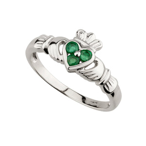 14ct White Gold Emerald Claddagh Ring