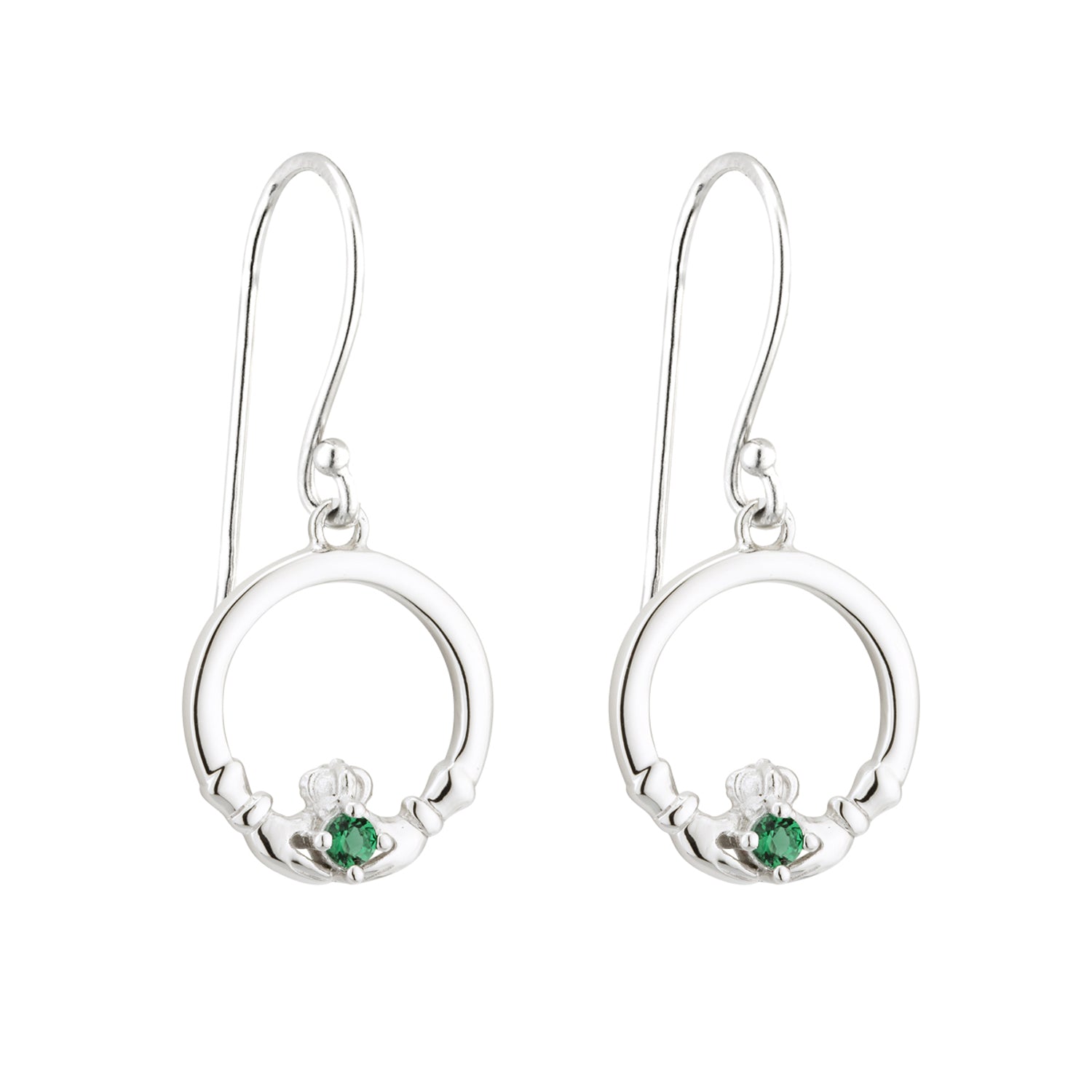 Sterling Silver Claddagh Drop Earrings with Emerald Stone Hearts