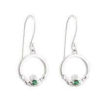 Load image into Gallery viewer, Sterling Silver Claddagh Drop Earrings with Emerald Stone Hearts
