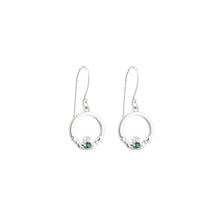 Load image into Gallery viewer, Sterling Silver Claddagh Drop Earrings with Emerald Stone Hearts

