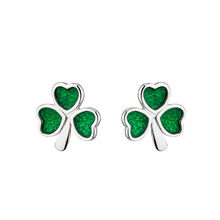 Load image into Gallery viewer, Sterling Silver Shamrock Stud Earrings with Emerald Green Stones
