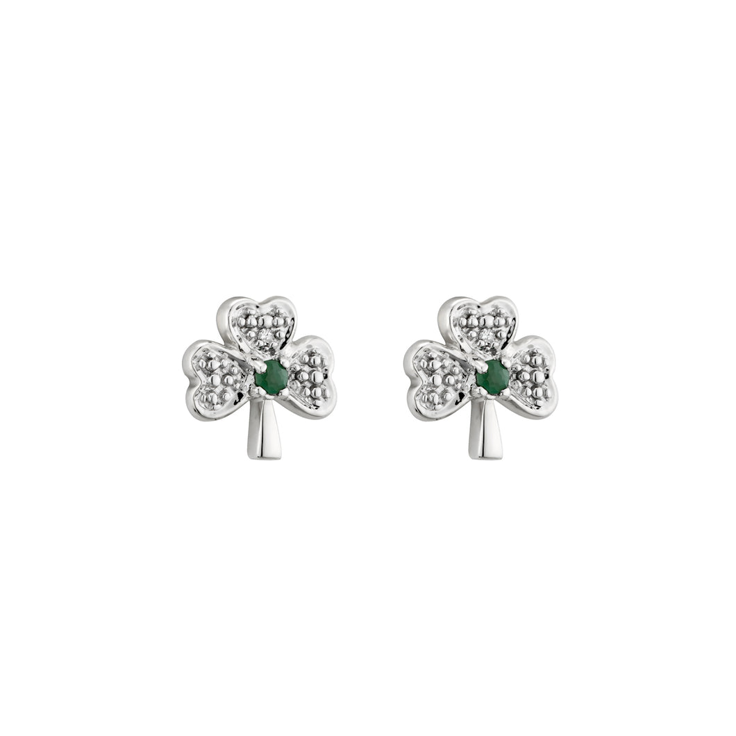 14K White Gold Small Diamond & Emerald Shamrock Earrings