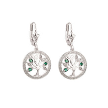 Load image into Gallery viewer, 14K White Gold Diamond &amp; Emerald Tree Of Life Drop Earrings
