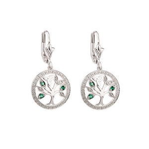 14K White Gold Diamond & Emerald Tree Of Life Drop Earrings