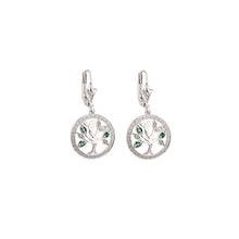 Load image into Gallery viewer, 14K White Gold Diamond &amp; Emerald Tree Of Life Drop Earrings
