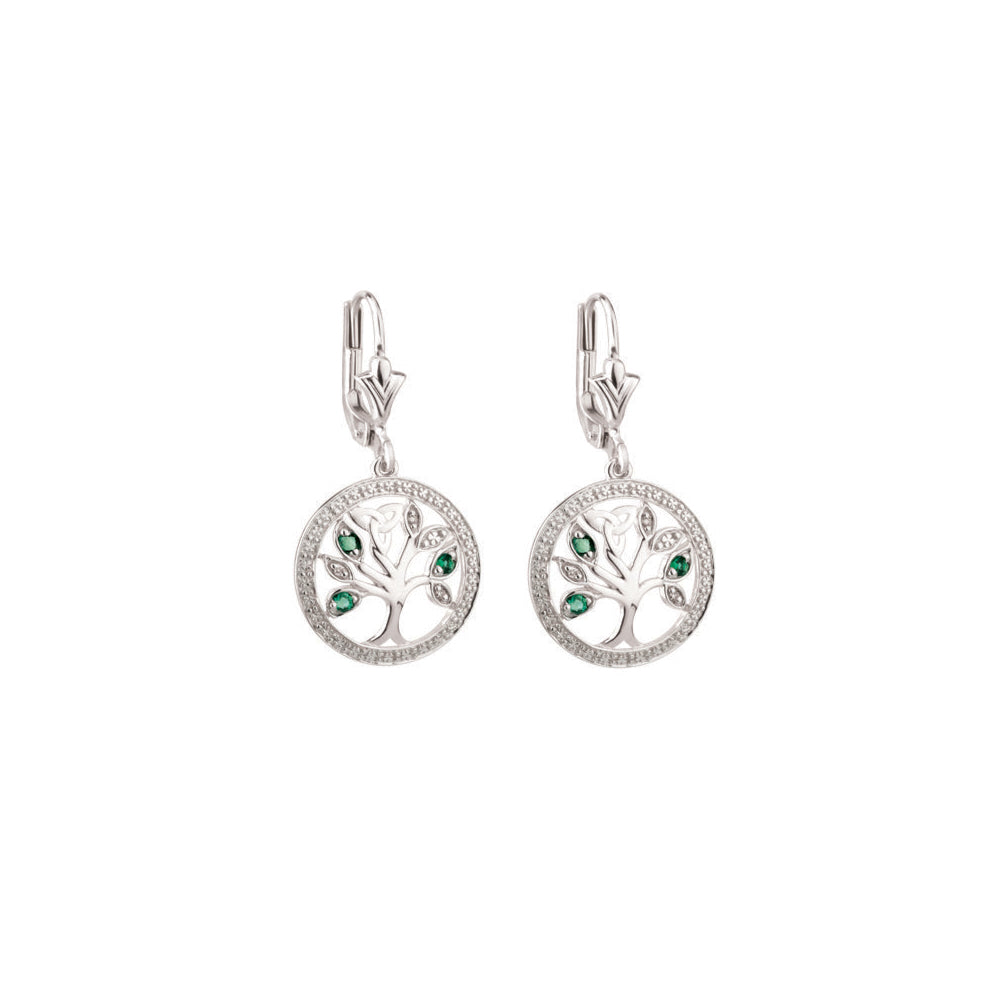 14K White Gold Diamond & Emerald Tree Of Life Drop Earrings