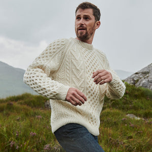 Natural Unisex Hand Knit Crew Neck Aran Sweater