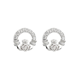 14ct White Gold Claddagh Stud Earrings with Diamonds