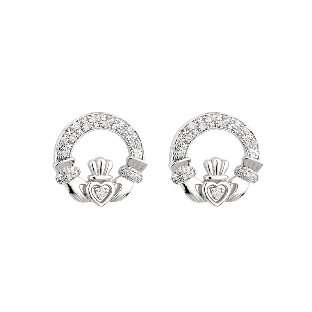 14ct White Gold Claddagh Stud Earrings with Diamonds