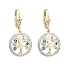 Load image into Gallery viewer, 14ct Yellow Gold Diamond &amp; Emerald Tree Of Life Drop Earrings
