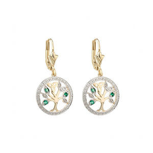 14ct Yellow Gold Diamond & Emerald Tree Of Life Drop Earrings