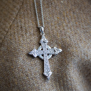 14ct White Gold Diamond Trinity Knot Celtic Cross Necklace