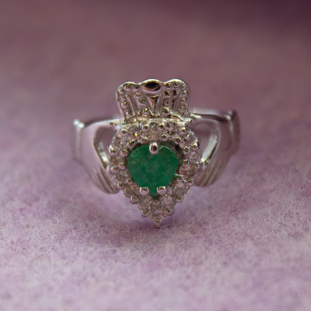 14ct White Gold Diamond Emerald Claddagh Ring